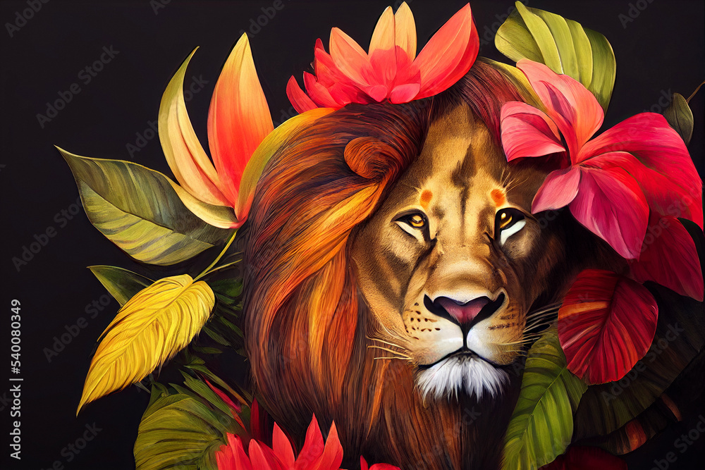 Close-up portrait of Lion king in tropical flowers and leaves. Picturesque portrait Wildlife animal. Digital illustration  