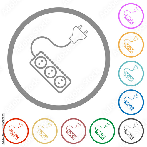 Portable electrical outlet with three sockets and extension cord and plug solid flat icons with outlines photo