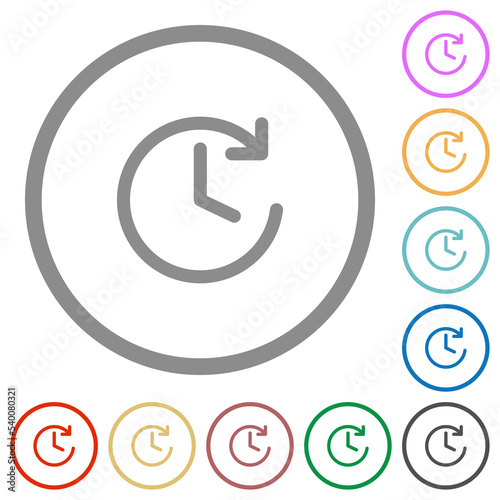 Circle shaped forward arrow and clock flat icons with outlines photo