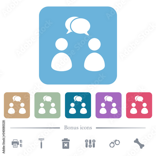 Two talking persons with oval bubbles solid flat icons on color rounded square backgrounds
