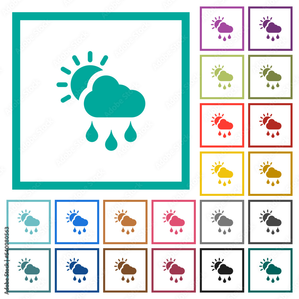 Sunny and rainy weather flat color icons with quadrant frames