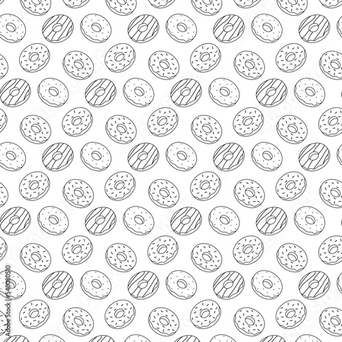 Seamless pattern of falling contour donuts. Design for wrapping paper, packaging, banner, poster, bakery menu. Vector illustration