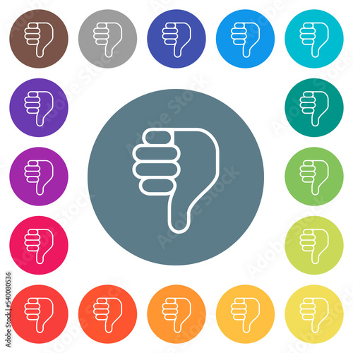 Right handed thumbs down outline flat white icons on round color backgrounds