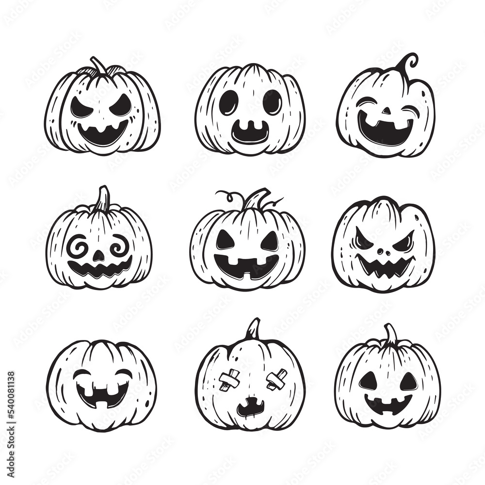 Obraz premium Halloween pumpkin icons set. Vintage cartoon pumpkins isolated on white background. Design elements for logo, badges, banners, labels, posters. Vector illustration