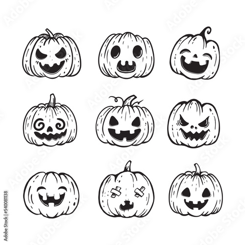 Halloween pumpkin icons set. Vintage cartoon pumpkins isolated on white background. Design elements for logo, badges, banners, labels, posters. Vector illustration