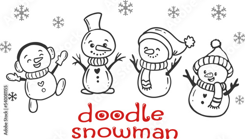 set of cartoon christmas snowman doodle style. Funny snowman wearing hat, scarf and mittens collection on white background.Vector illustrations 