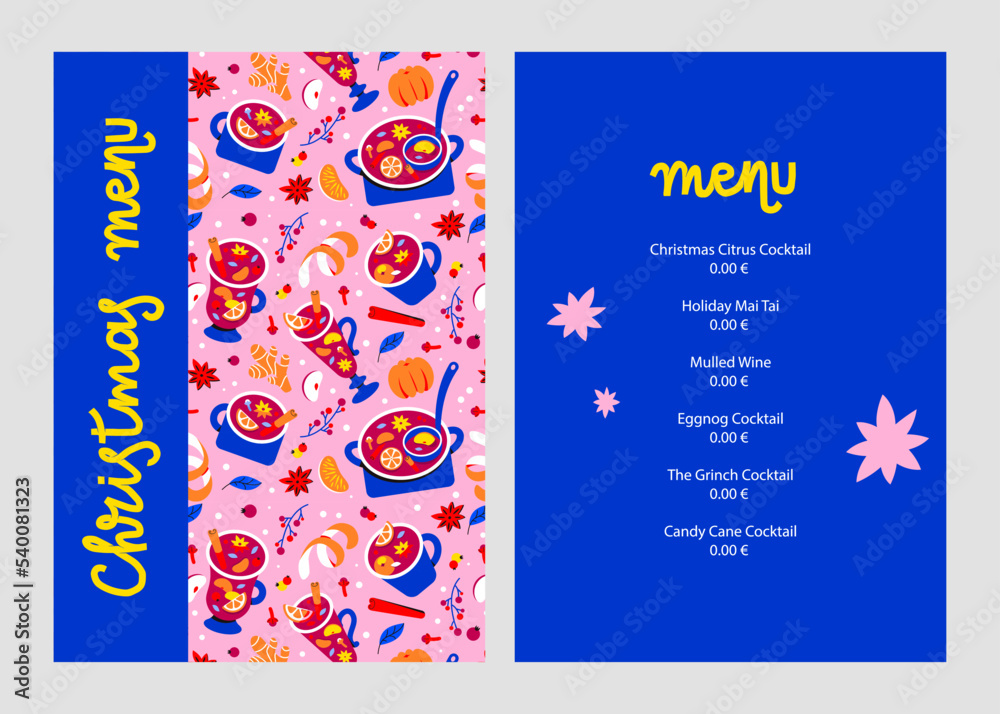 christmas menu template. Hot seasonal drinks. Winter mulled wine, punch and sangria. Wine and spices