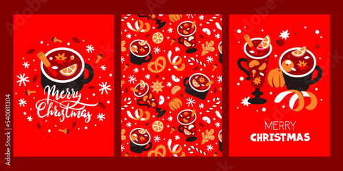 Christmas card set. Mulled wine, tangerines, wine, spices. Seamless pattern, textile background