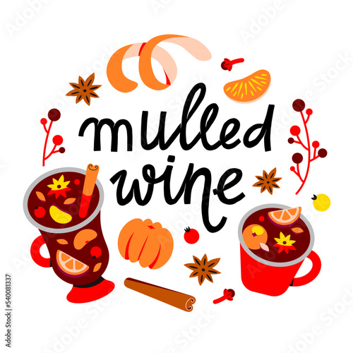 A set of elements of Christmas mulled wine. Recipe for a hot drink made of wine and spices. Punch in mugs