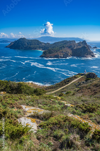 View of the Cies Islands with the island of San Martino in the background. . Galicia, Spain.