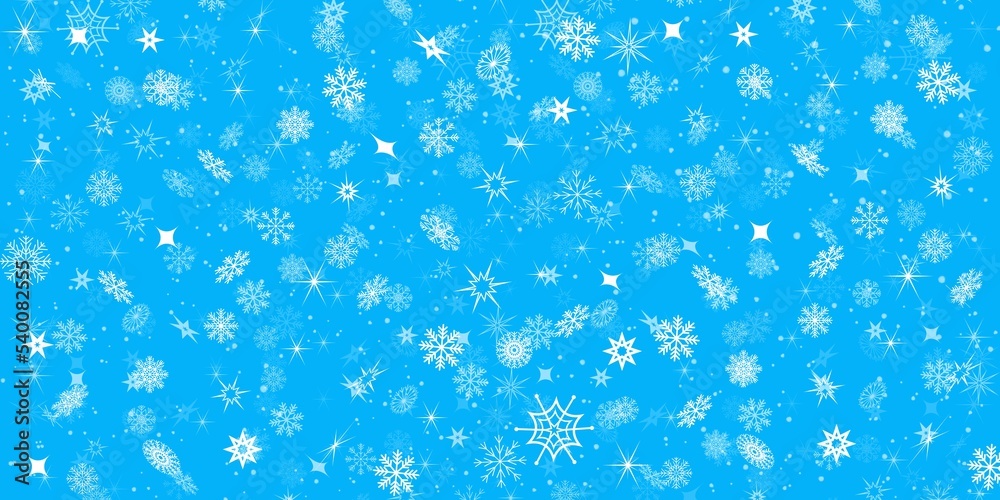Falling white snowflakes on a blue background. Concept of new year, christmas