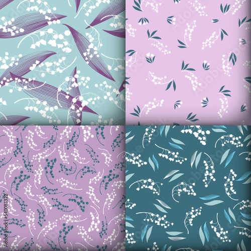 Floral Pattern Set. Seamless Lili of the Valley Fabric Design. Fresh Flower I...