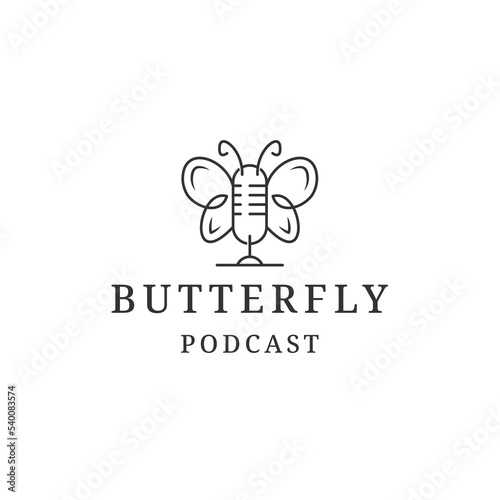 Photography Podcast logo with butterfly line style design template flat vector