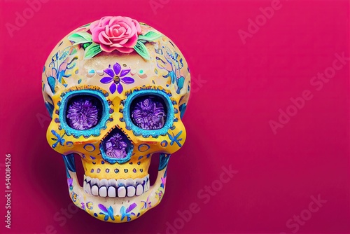 3D rendered Christmas Calavera with cute kawaii look like modern animation. Computer generated Traditional Sugar Skull with a Christmas holiday twist