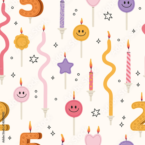 Set of 3 colorful birthday candles seamless patterns. Hand drawn Infant age candles. Baby shower gifts decoration vector. Design for print, textile, greeting card or wrapping paper.
