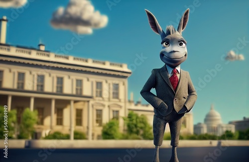 3D rendered American Donkey with cute kawaii look like modern animation. Computer generated patriotic American donkey. Symbol of left-wing progressive liberalism