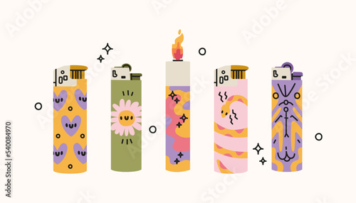 Set of various Lighters. Cigarette lighters with cool colorful prints. Side view. Smoking equipment. Hand drawn isolated Vector illustrations. Design, print templates on white background