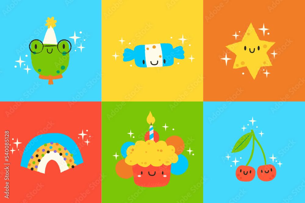 Obraz premium Set of 6 illustrations in kawaii style. Cute frog, candy, cherries, rainbow, cake and star.Hand Drawn birthday labels set vector illustration design.Happy birthday greeting card for children 