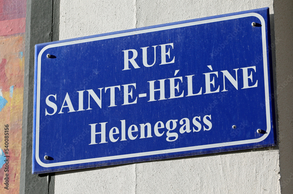 street name written in French and German language which means Saint Helena RoadElena street name written in French and German language which means Saint Helena RoadElena