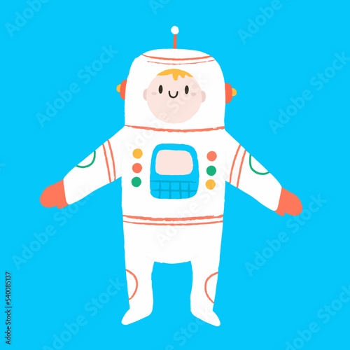 Fototapeta Naklejka Na Ścianę i Meble -  Little boy is an cosmonaut in space among the stars. Vector hand draw illustration in small style.Adorable astronaut boy illustration in the childish style