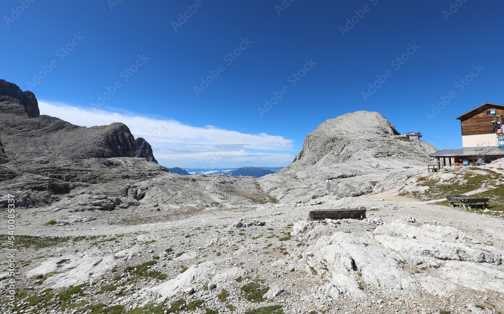 Panorama of the Italian Alps with the alpine refuge called RIFUGIO ROSETTA