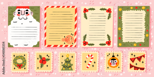 Christmas letter from and to Santa Claus template and postage stamps. From the desk of Santa Claus - Christmas letter from Santa Claus, remade letter with empty copy space. Decoration doodle scrapbook