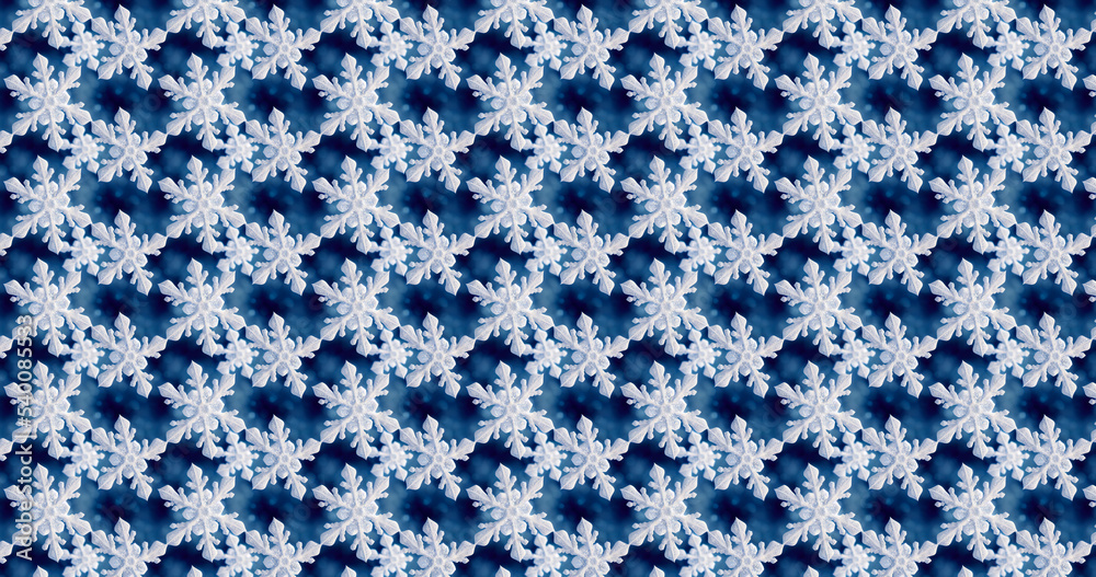 3D-image of snowflakes on the dark-blue background. 8K wallpaper - obrazy, fototapety, plakaty 