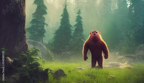 3D rendered Sasquatch (Bigfoot) with cute kawaii look like modern animation. Computer generated furry mythological creature based on "photos" provided by Big foot hunters © Brian