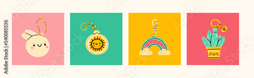 Set of various different Keychains. Keyholders and keyrings collection. Modern keys with pendants. Hand drawn Kawaii Vector illustration. Home rental, property, real estate concept.