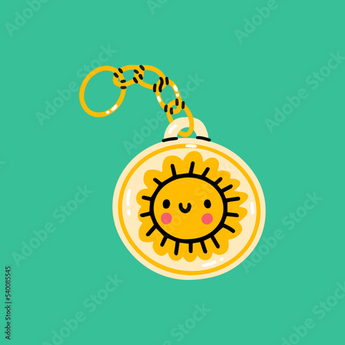 Cute Keychains. Modern key with pendant. Hand drawn Kawaii Vector illustration. Cute bright sun. Home rental, property, real estate concept.