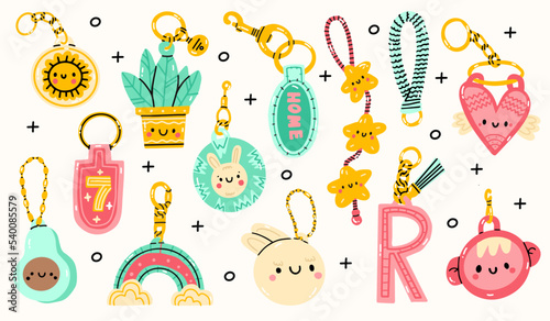 Set of various different Keychains. Keyholders and keyrings collection. Modern keys with pendants. Hand drawn Kawaii Vector illustration. Home rental, property, real estate concept. 