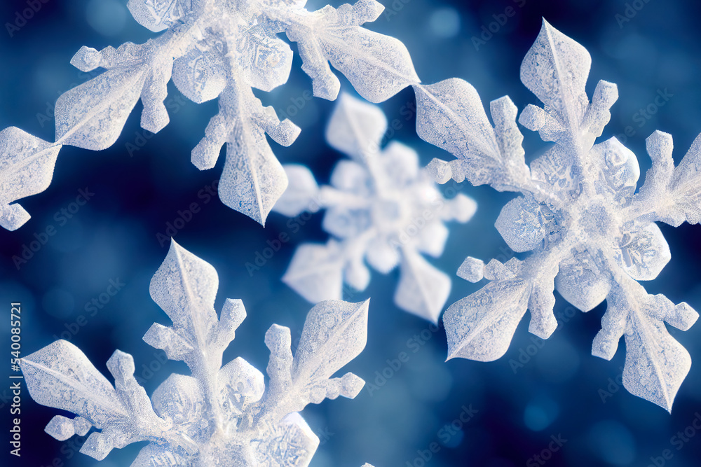 3D-image of snowflakes on the dark-blue background - obrazy, fototapety, plakaty 