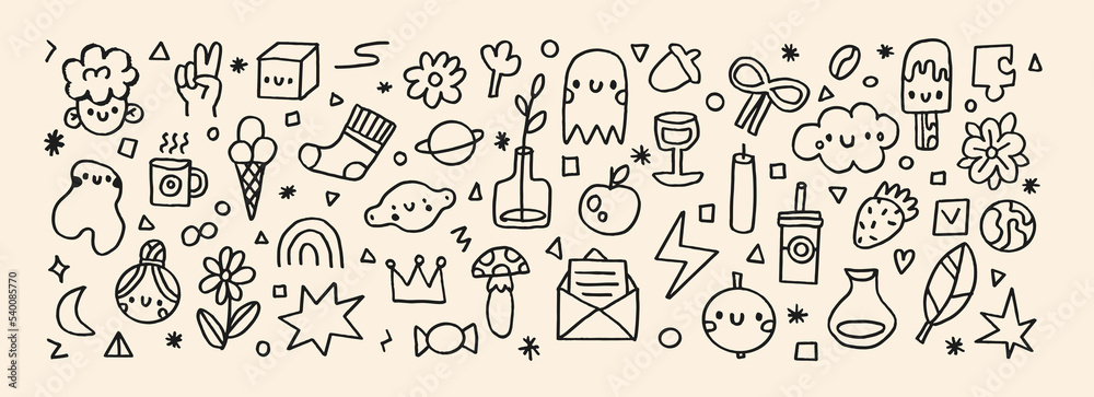 Cute childish linear black illustration. Vector baby.Doodle boy, sun, ghost, lemon, apple, ice cream, cloud. Perfect for wrapping paper, printing on the fabric, design package and cover for kid.