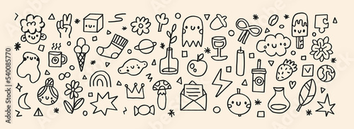 Cute childish linear black illustration. Vector baby.Doodle boy  sun  ghost  lemon  apple  ice cream  cloud. Perfect for wrapping paper  printing on the fabric  design package and cover for kid.