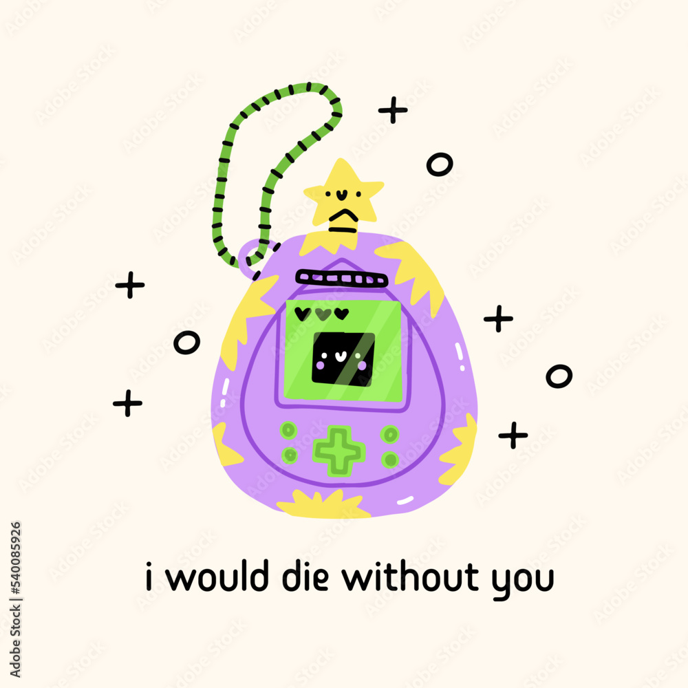 Japanese classic game with screen display, chain and buttons. 90s device digital pet pocket game