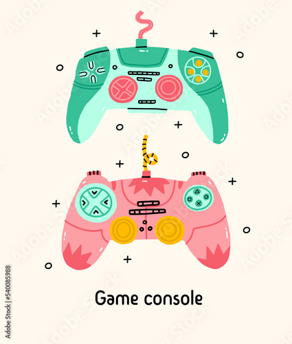 Old vintage retro game console electronic, cute funny vector illustration. Green console with buttons. 90s video game console digital pocket game. Kawaii hand draw illustration.