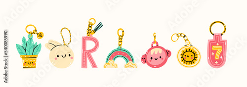 Set of various different Keychains. Keyholders and keyrings collection. Modern keys with pendants. Hand drawn Kawaii Vector illustration. Home rental, property, real estate concept. 