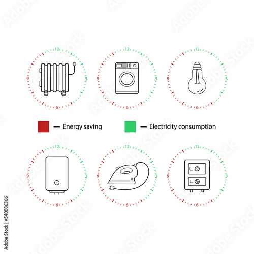 A linear set of icons for the graph of electricity consumption, Infographics of household electrical appliances icons, Vector graphics