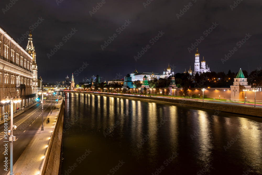 View of the Moscow Kremlin and the embankment in the late evening