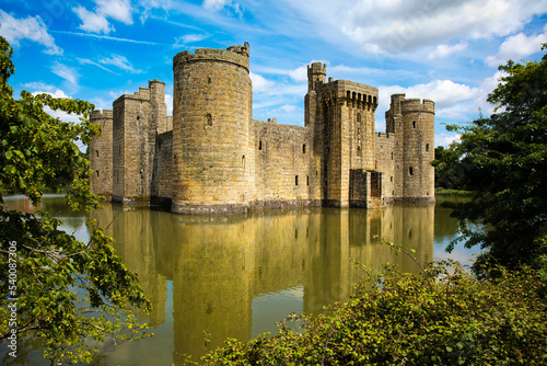 Facade and Moat of the Medieval Bodiam Castle in East Sussex  England
