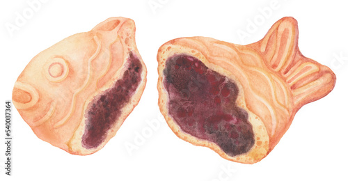 Transparent Background Korean Fish-Shaped Pastry Illustration Png. Transparent Clipart Japanese fish-shaped waffle Taiyaki stuffed with red bean paste. Street food, traditional asian snack