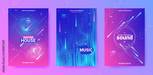Abstract Dance Poster. Electro Sound Cover. Techno Music Flyer. Vector 3d Background. Dance Posters Set. Minimal Festival Banner. Gradient Distort Waves. Futuristic Dance Posters.