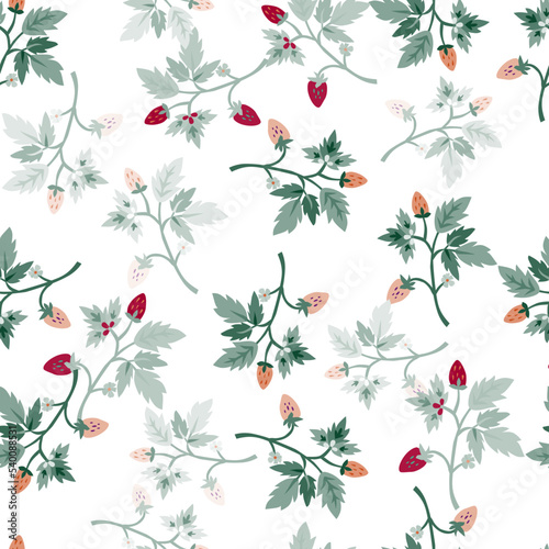 Wild strawberry seamless pattern. Wild berries floral wallpaper. Strawberry plant endless backdrop.