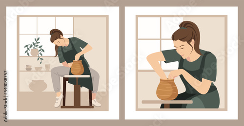 A female potter creates a vase on a potter's wheel. A set of illustrations for a ceramics studio, pottery workshop, for an article, postcard, flyer, poster.