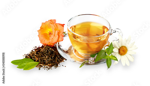 Cup of herbal tea on white