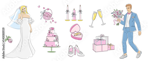 Marriage ceremony  wedding day  bride and groom. Cake  bridal rings  candles  wedding gifts  glasses of champagne  bridesmaid shoes  linear vector illustration with color shapes