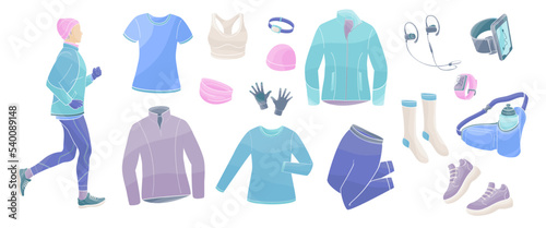Women running and set elements about jogging in winter time, sportswear, stopwatch, sneakers, tracker, water bottle, headphones, winter hat, gloves.vector colour illustration