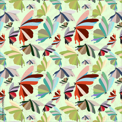 Seamless pattern of beautiful light blue, vermillion, indigo dye,dark sea green, middle purple blue, middle green yellow color butterfly’s on nyanza background. textile design, wallpaper, gift paper.
