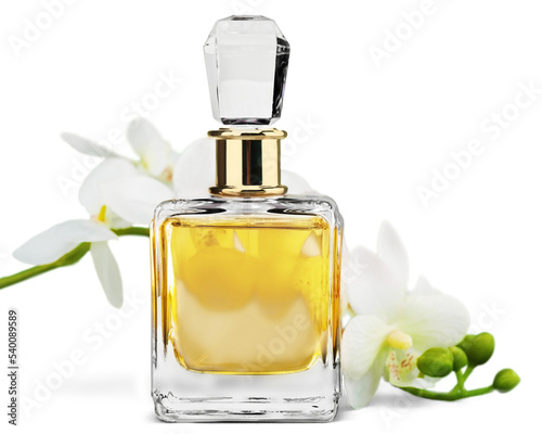 Perfume bottle and flowers isolated on white background. photo