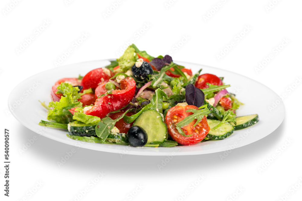 Close-up photo of fresh salad with vegetables in white plate Close-up photo of fresh salad with vegetables in white plate